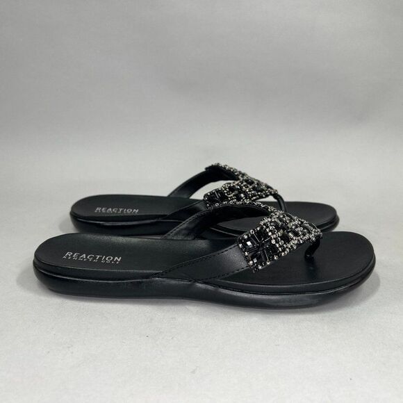 Kenneth Cole Glam-Athon Sandals Women's Size 9.5 Black Leather Beaded Flip Flops - Picture 1 of 8
